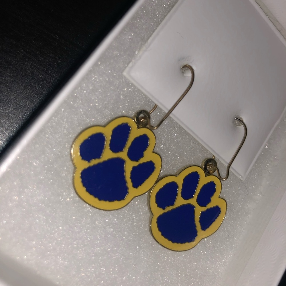 yellow and blue paw-print earrings